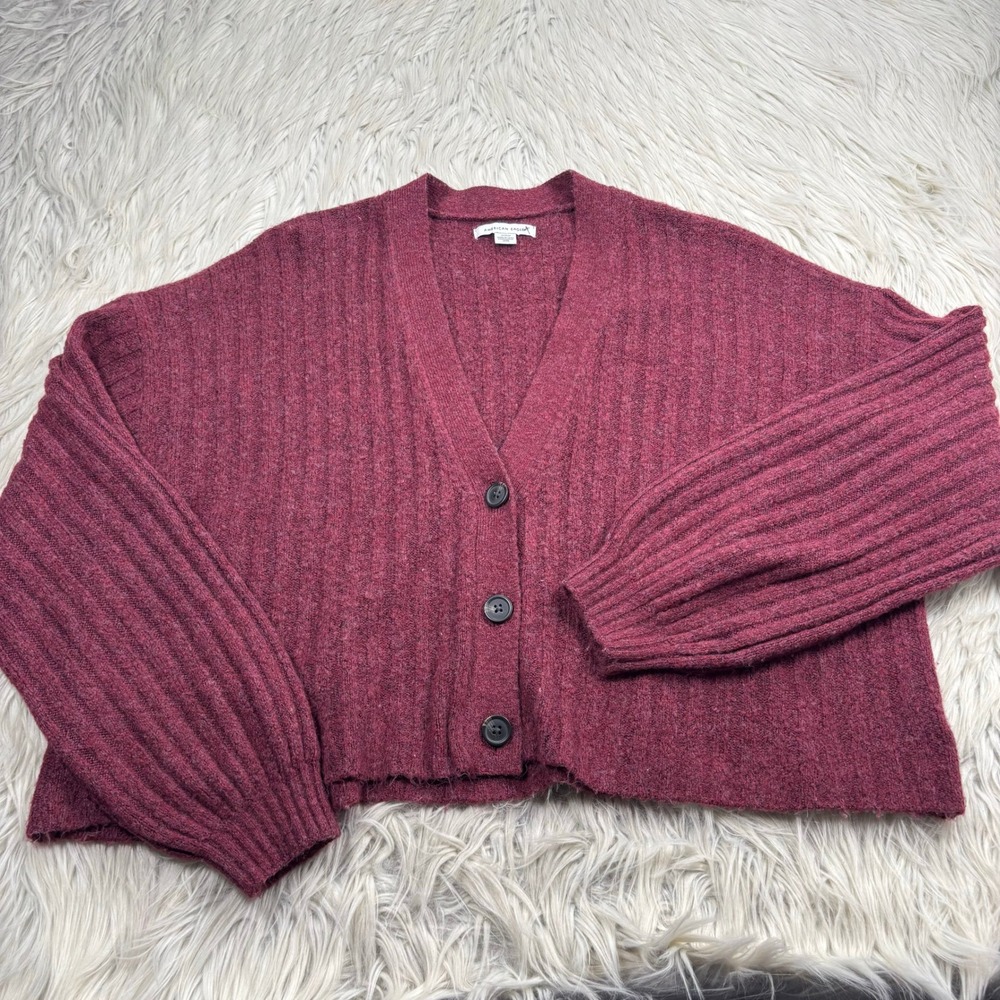 American‎ Eagle Women's M Burgundy Plush Cropped Boxy Cardigan Preppy Cozycore